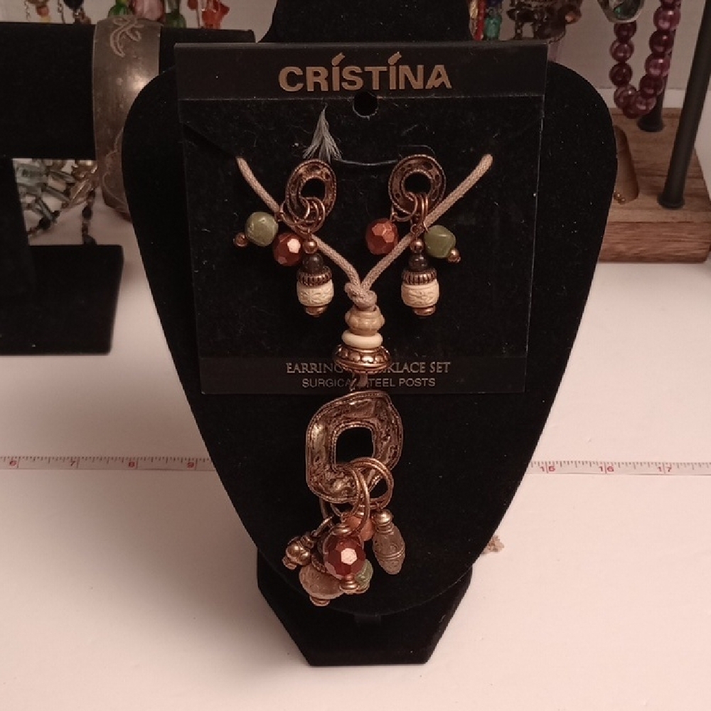 Christina Gold and Brown Jewelry Set Necklace Earrings Women